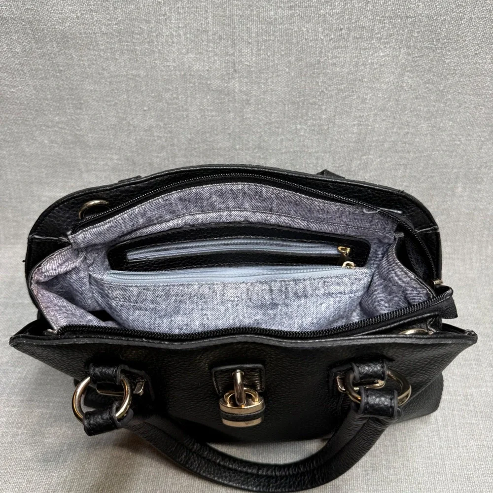 Black Padlock Faux Leather Satchel Handbag Purse Gold Padlock Detail Medium